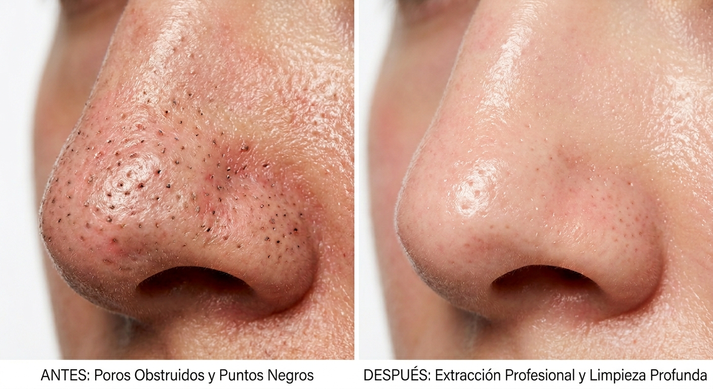 Antes y después de extracción profesional de puntos negros con HydraFacial en Barcelona: poros obstruidos eliminados en una sesión