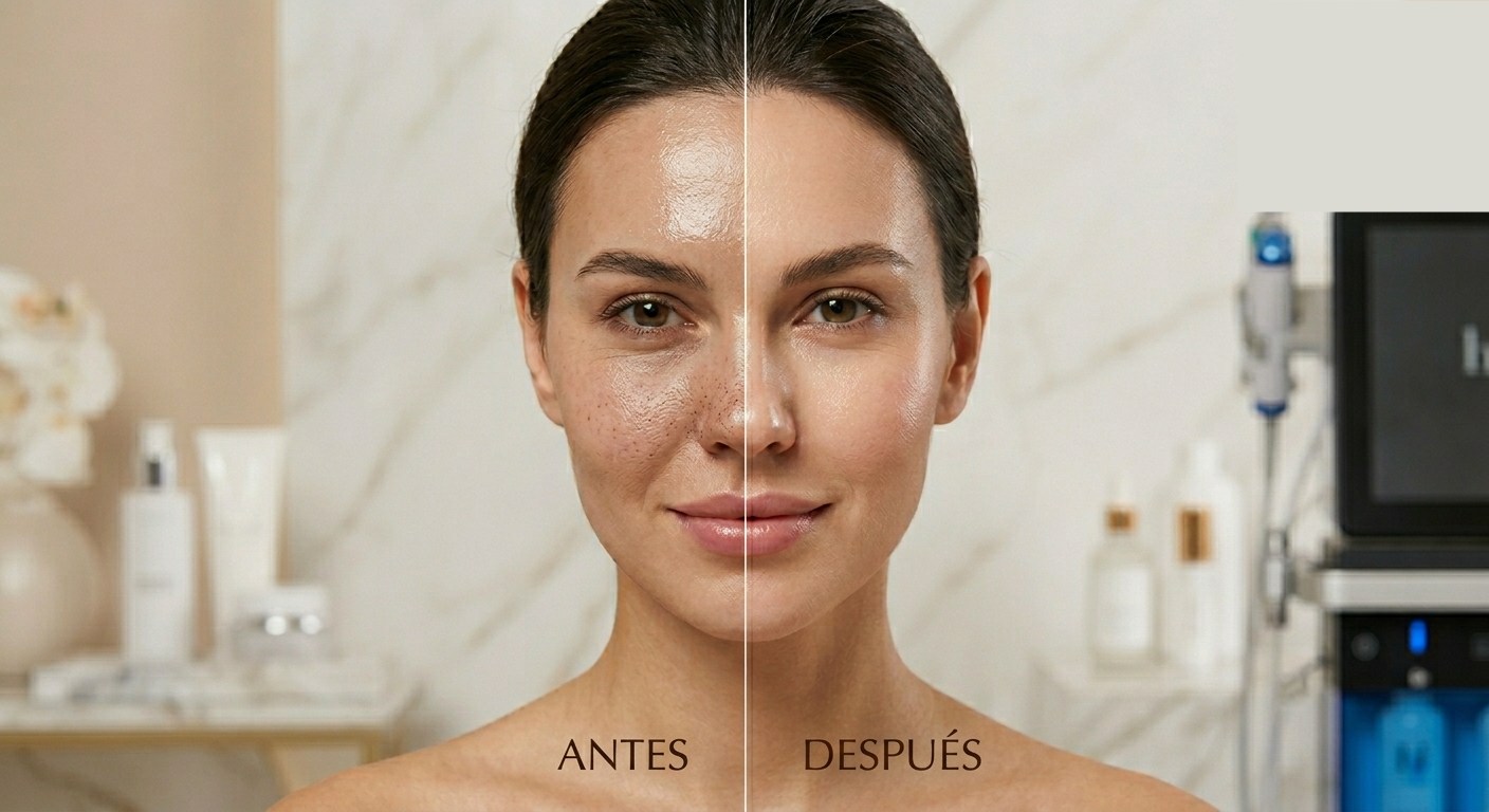 Antes y después de HydraFacial en rostro completo: piel con manchas y textura irregular transformada a piel luminosa y uniforme